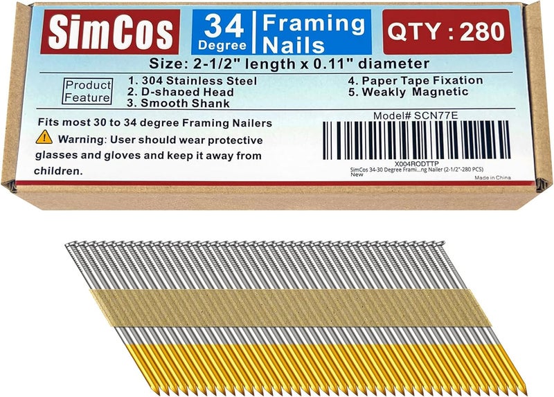 SimCos 34-30 Degree Framing Nails 304 Stainless Steel D Head Paper Tape Strip Nails for 30 to 34 degree Framing Nailer (2-1/2"-280 PCS) - Image 1